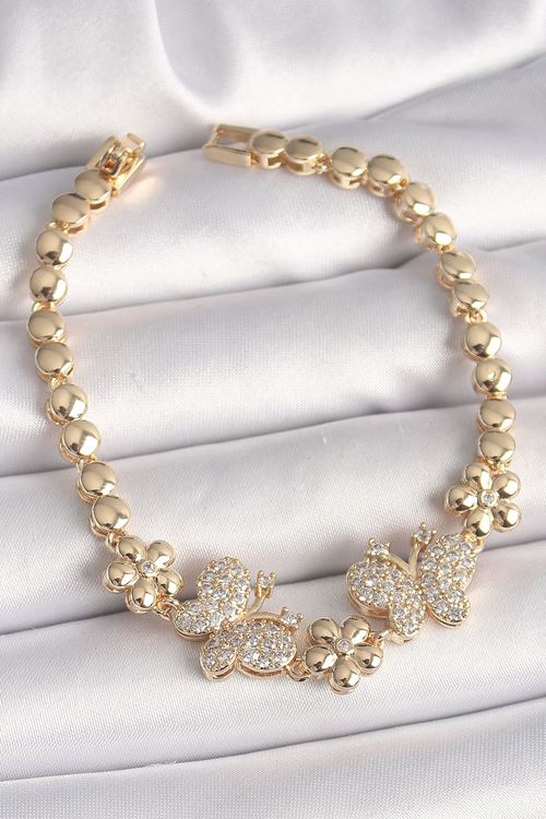 YRTCL Pirinç Gold Renk Zirkon Taşlı Kelebek Figür Çiçek Zincir Model Kadın Bileklik