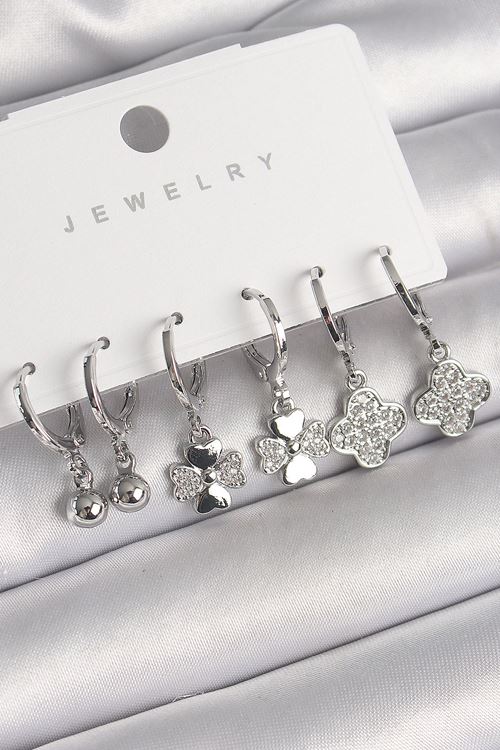 YRTCL Pirinç Gümüş Renk Sallantı Zirkon Taşlı Yonca Model Topçuk Detay Kadın Küpe Seti