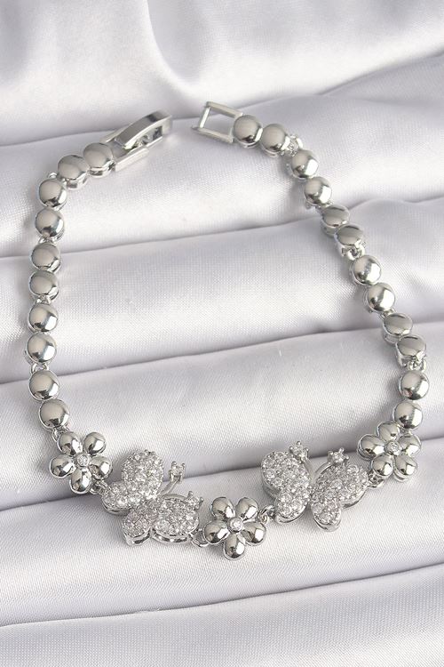 YRTCL Pirinç Gümüş Renk Zirkon Taşlı Kelebek Figür Çiçek Zincir Model Kadın Bileklik