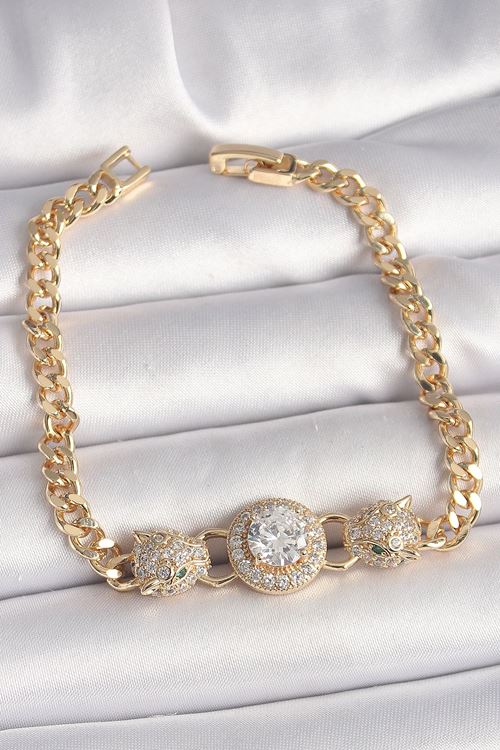 YRTCL Pirinç Gold Renk Zirkon Taşlı Leopar Figür Zincir Model Kadın Bileklik