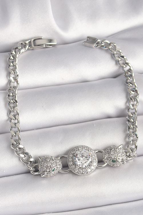 YRTCL Pirinç Gümüş Renk Zirkon Taşlı Leopar Figür Zincir Model Kadın Bileklik