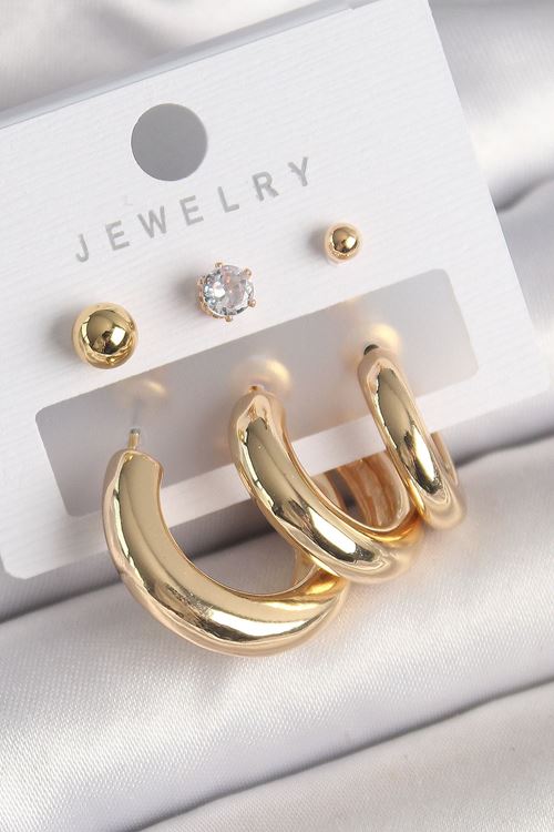 YRTCL Pirinç Gold Renk Halka Model Zirkon Taşlı Topçuk Detay Kadın Küpe