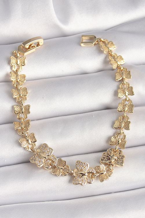YRTCL Pirinç Gold Renk Zirkon Taşlı Kelebek Model Zincir Kadın Bileklik