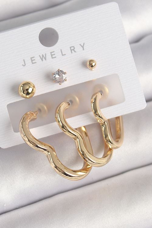 YRTCL Pirinç Gold Renk Kalp Model Zirkon Taşlı Topçuk Detay Kadın Küpe Seti