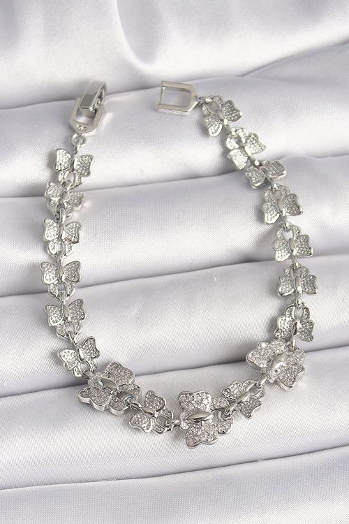 YRTCL Pirinç Gümüş Renk Zirkon Taşlı Kelebek Model Zincir Kadın Bileklik