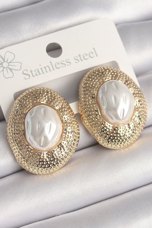 YRTCL Pirinç Gold Renk İncili İşlemeli Daire Model Kadın Küpe