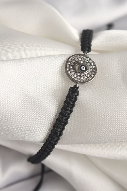 YRTCL Pirinç Füme Renk Zirkon Taşlı Nazar Boncuk İşleme Makrome Asansörlü Model Kadın Bileklik