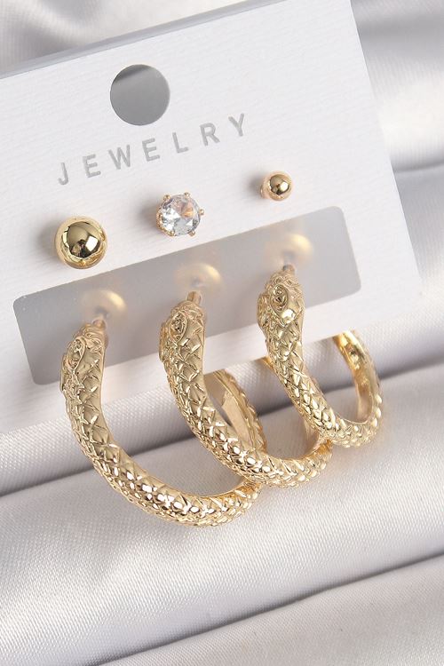 YRTCL Pirinç Gold Renk Zirkon Taşlı Topçuk Detay Yılan Halka Model Kadın Küpe Seti