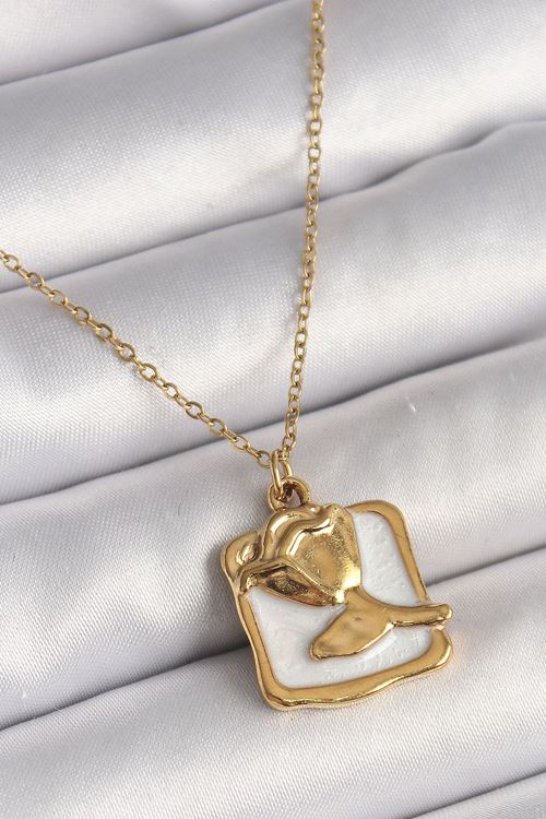 YRTCL 316L Çelik Gold Renk Zincir Beyaz Mineli Gül Portre Model Kadın Kolye