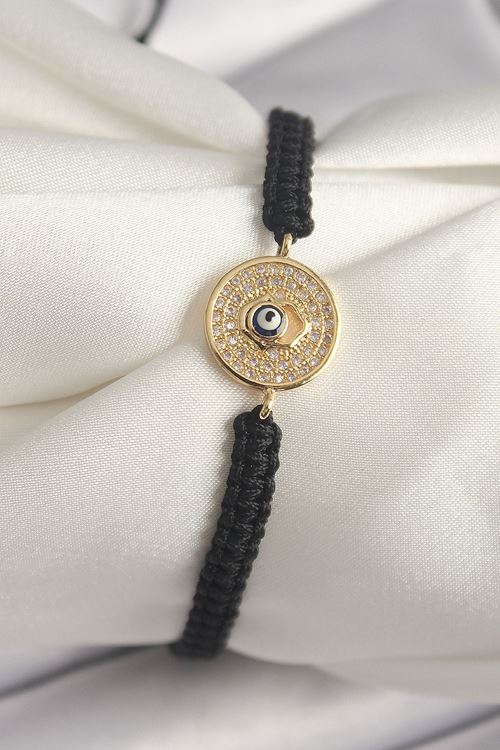 YRTCL Pirinç Gold Renk Zirkon Taşlı Nazar Boncuk İşleme Makrome Asansörlü Model Kadın Bileklik