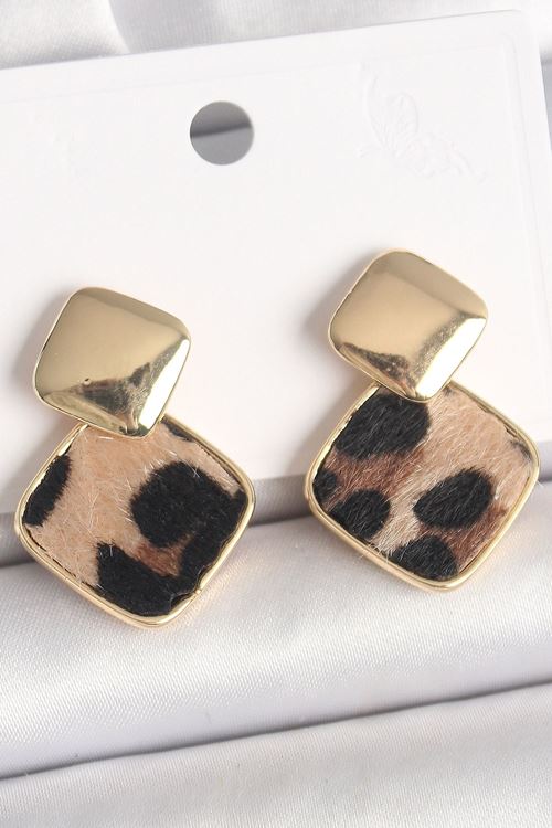 YRTCL Pirinç Gold Renk Sallant Kare Leopar Desen Model Kadın Küpe