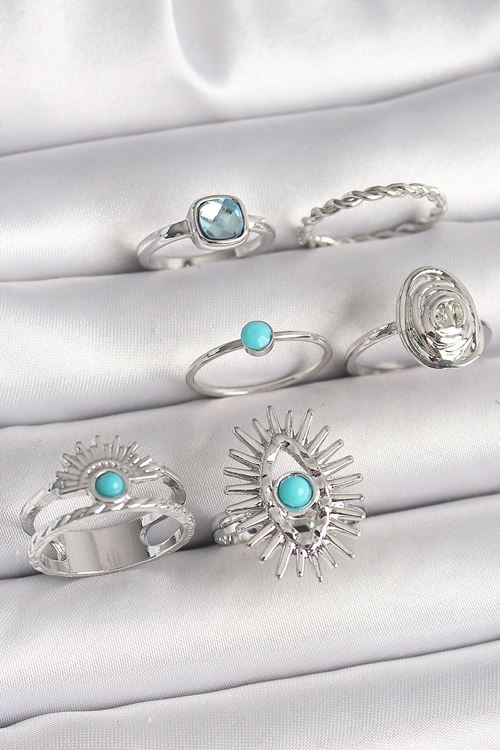 YRTCL Pirinç Gümüş Renk Mavi Taşlı Kare Zirkon Taş Detaylı Kadın Yüzük Kombini