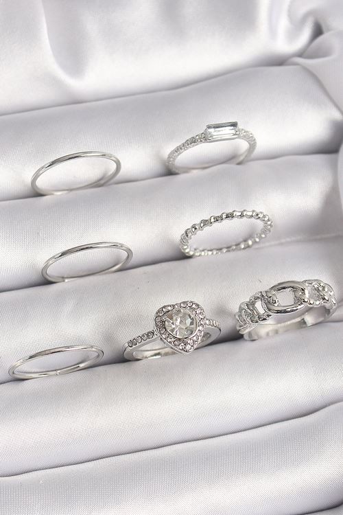 YRTCL Pirinç Gümüş Renk Zirkon Taşlı Kalp Model Kadın Yüzük Kombini