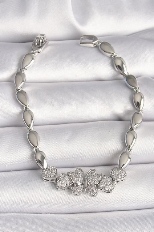 YRTCL Pirinç Gümüş Renk Zirkon Taşlı Kelebek Figür Damla Zincir Model Kadın Bileklik