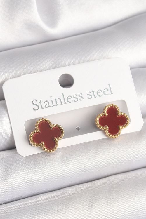 YRTCL Pirinç Gold Renk Bordo Yonca Model Kadın Küpe