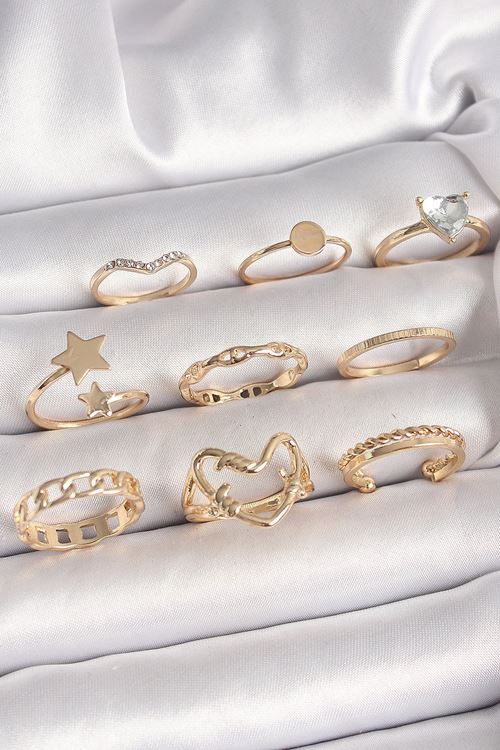 YRTCL Pirinç Gold Renk Zirkon Taş Detaylı Kalp Yıldız Figür Kadın Yüzük Kombini