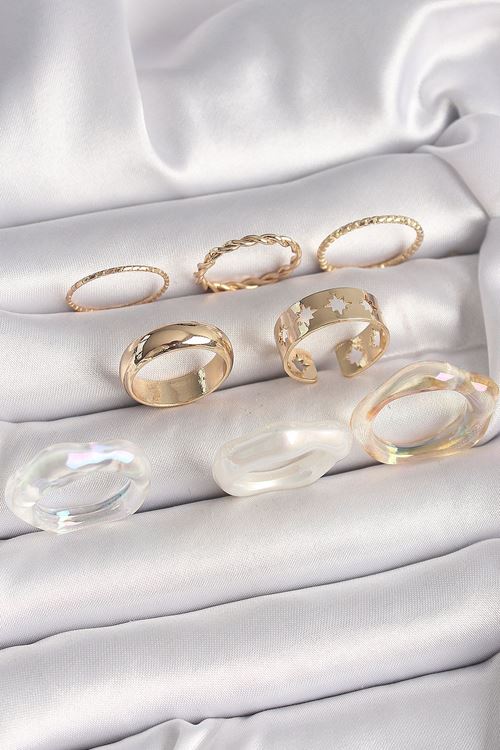 YRTCL Pirinç Gold Renk Beyaz Akrilik Plastik Modek Kutup Yıldız İşleme Detay Kadın Yüzük Kombini