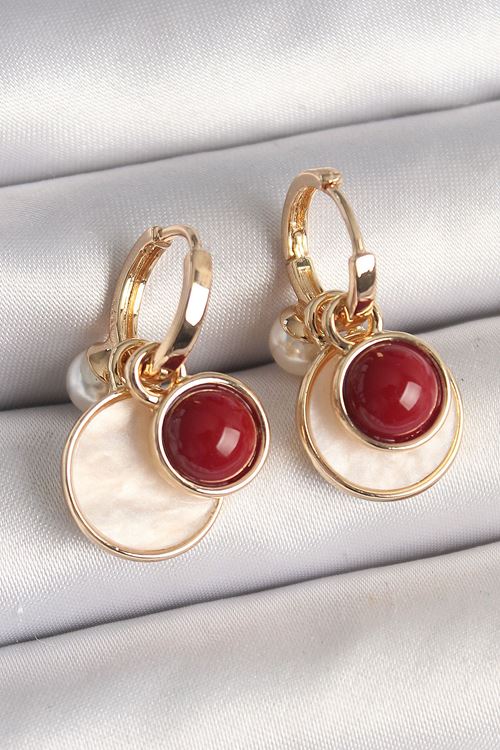 YRTCL Pirinç Gold Renk Sallantı Beyaz Mineli Bordo Detay Kadın Küpe