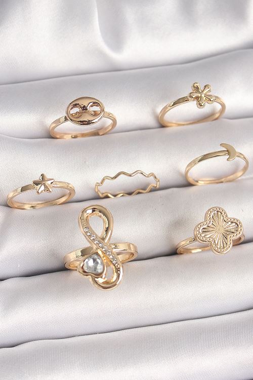 YRTCL Pirinç Gold Renk Zirkon Taşlı Sonsuzluk Figür Yıldız Detay Kadın Yüzük Kombini