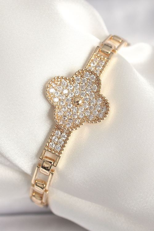 YRTCL Pirinç Gold Renk Zirkon Taşlı Yonca Model Kadın Bileklik