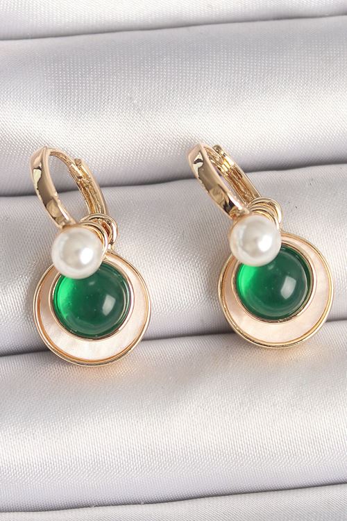 YRTCL Pirinç Gold Renk Beyaz Yeşil Sallantı Mineli Kadın Küpe