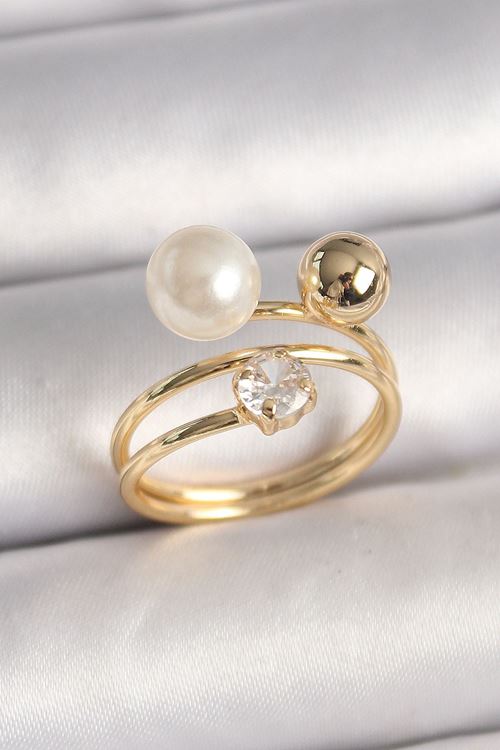 YRTCL Pirinç Gold Renk Zirkon Taşlı Top İnci Model Kadın Yüzük