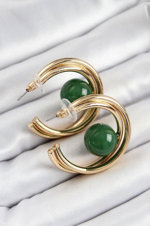 YRTCL Pirinç Gold Renk Halka Model Yeşil Boncuk Detay Kadın Küpe