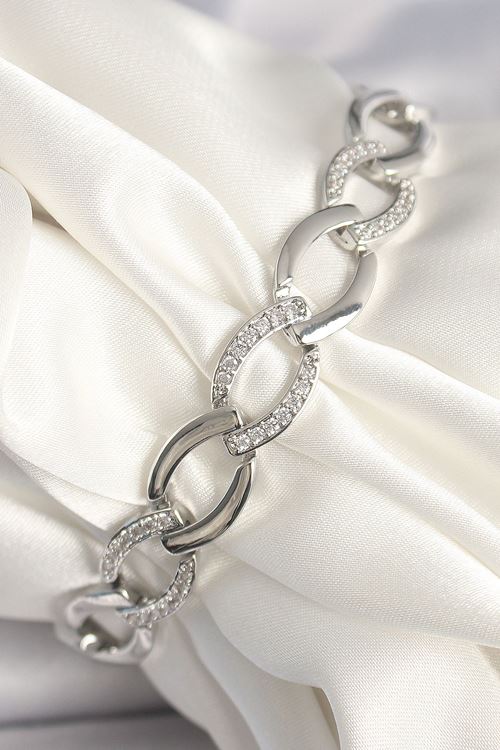 YRTCL Pirinç Gümüş Renk Zirkon Taşlı Oval Zincir Model Kadın Bileklik