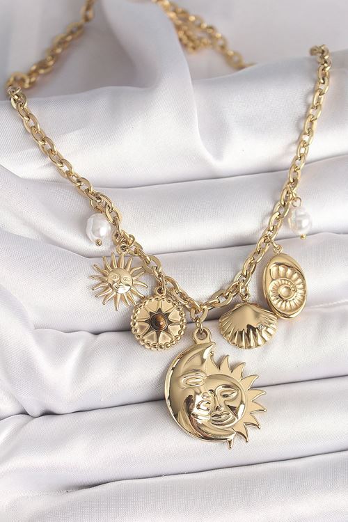 YRTCL 316L Çelik Gold Renk Ay Güneş Figür Deniz Kabuğu Detay Kadın Kolye