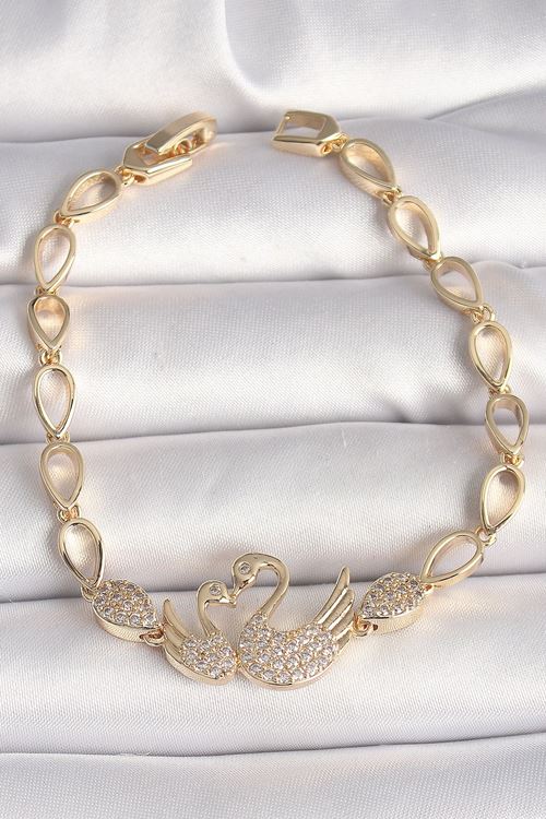 YRTCL Pirinç Gold Renk Zirkon Taşlı Kuğu Figür Damla Zincir Model Kadın Bileklik