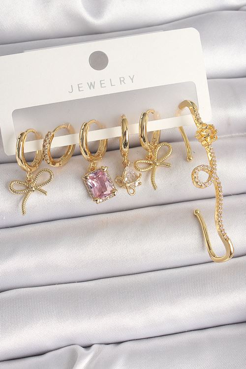 YRTCL Pirinç Gold Renk Sallantı Kurdele Model Pembe Kare Zirkon Taşlı Kadın Küpe Seti
