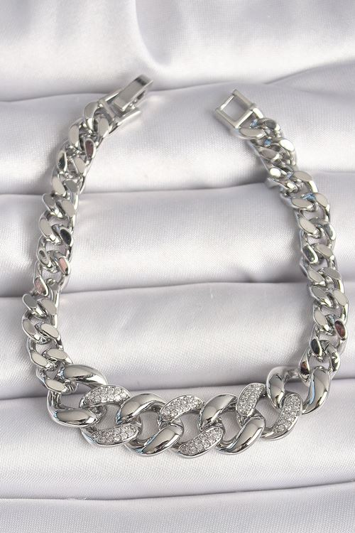 YRTCL Pirinç Gümüş Renk Zirkon Taşlı Kalın Halka Model Kadın Bileklik