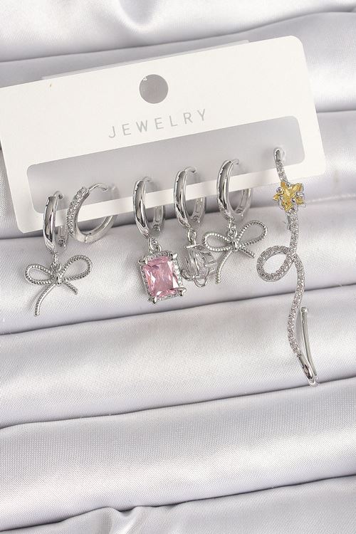 YRTCL Pirinç Gümüş Renk Sallantı Kurdele Kuyruklu Yıldız Figür Pembe Kare Zirkon Taş Detay Kadın Küpe Seti