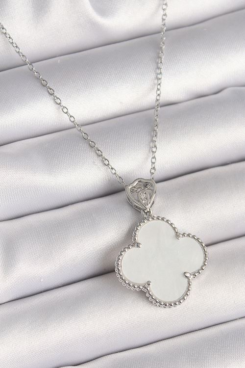 YRTCL 316L Çelik Gümüş Renk Zincir Zirkon Taş Detaylı Beyaz Yonca Model Kadın Kolye