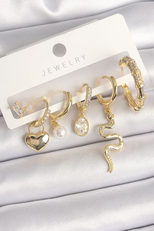 YRTCL Pirinç Gold Renk Sallantı Yılan Model Zirkon Taşlı Halka Kilit Kalp Detay Kadın Küpe Seti