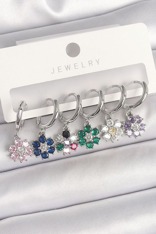 YRTCL Pirinç Gümüş Renk Sallantı Renkli Zirkon Taşlı Çiçek Model Kadın Küpe Seti