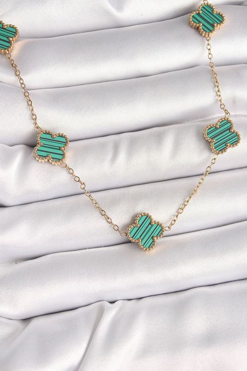 YRTCL 316L Çelik Gold Renk Zincir Yeşil Yonca Model Kadın Kolye