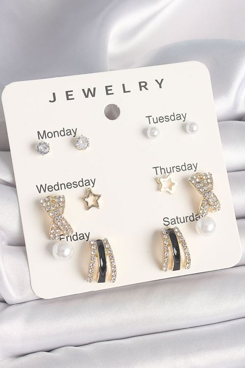 YRTCL Pirinç Gold Renk Zirkon Taş Yıldız Detaylı İncili 7'Li Set Kadın Küpe Seti