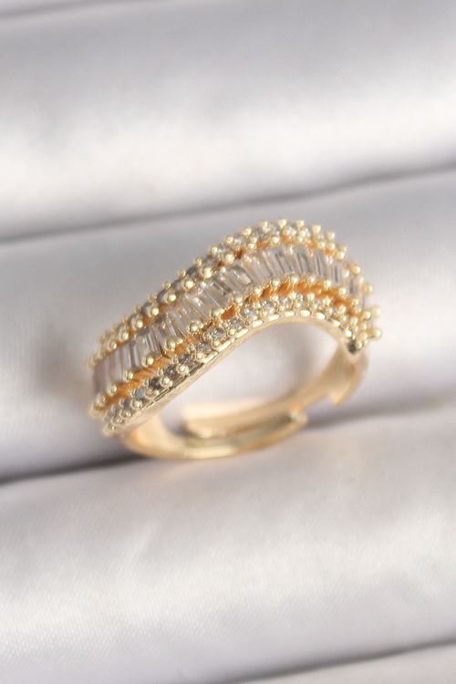 YRTCL Pirinç Gold Renk Su Yolu Zirkon Taşlı Dalga Model Ayarlanabilir Kadın Yüzük