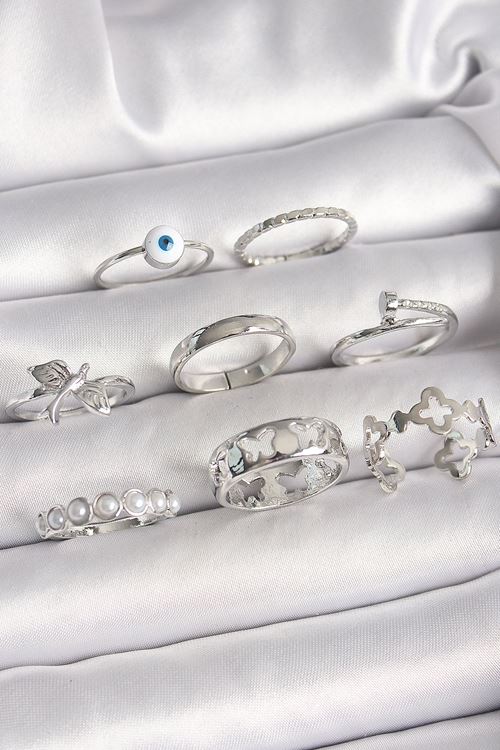 YRTCL Pirinç Gümüş Renk Nazar Boncuk Detay İncili Kelebek İşlemeli Kadın Yüzük Kombini