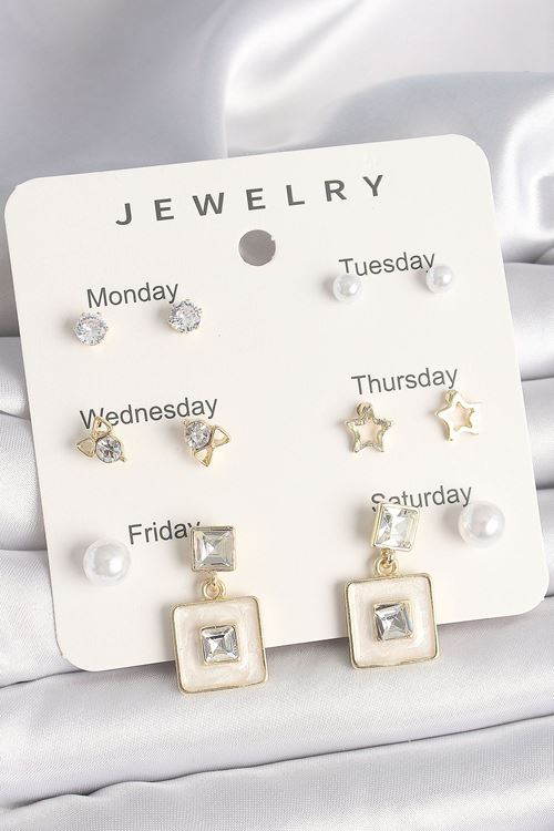 YRTCL Pirinç Gold Renk Zirkon Taşlı Yıldız Figür Sallantı Beyaz Mineli Model 7'Li Kadın Küpe Seti