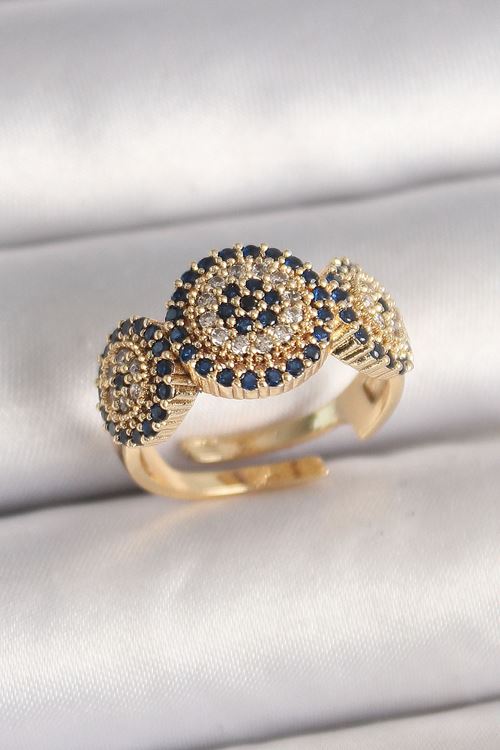 YRTCL Pirinç Gold Renk Zirkon Taşlı Nazar Boncuk Model Ayarlanabilir Model Kadın Yüzük