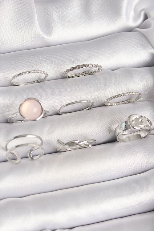 YRTCL Pirinç Gümüş Renk Pembe Mineli Kemer Düğüm Figür Kadın Yüzük Kombini