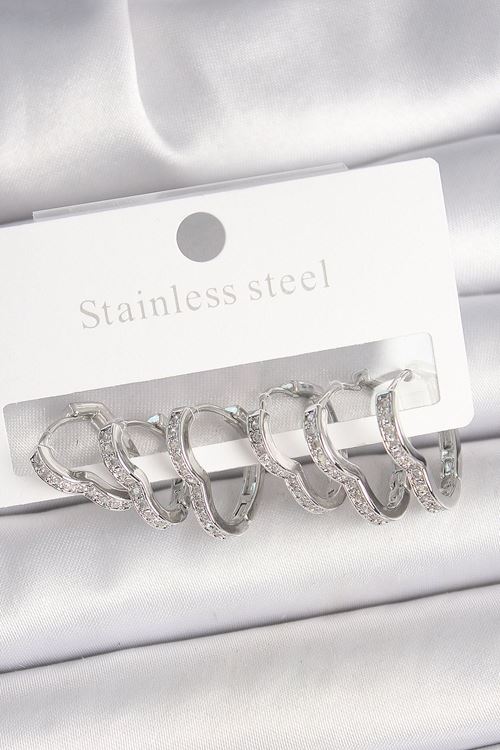 YRTCL Pirinç Gümüş Renk Zirkon Taşlı 3 Çift Kalp Model Kadın Küpe