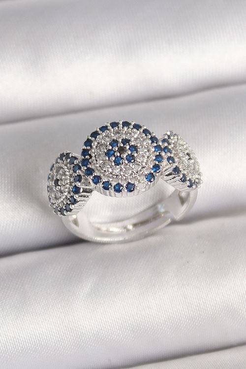 YRTCL Pirinç Gümüş Renk Zirkon Taşlı Nazar Boncuk Model Ayarlanabilir Kadın Yüzük