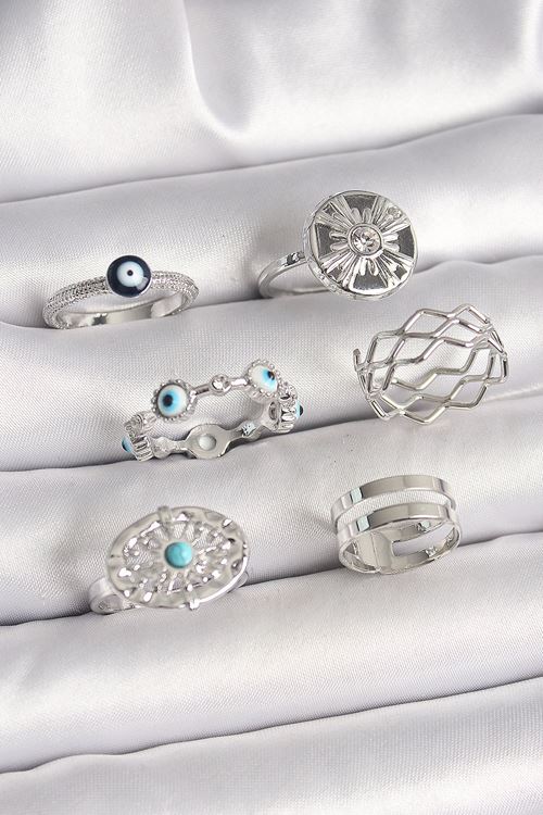 YRTCL Pirinç Gümüş Renk Nazar Boncuk Zirkon Taş Detaylı Dalga Figür Kadın Yüzük Kombini