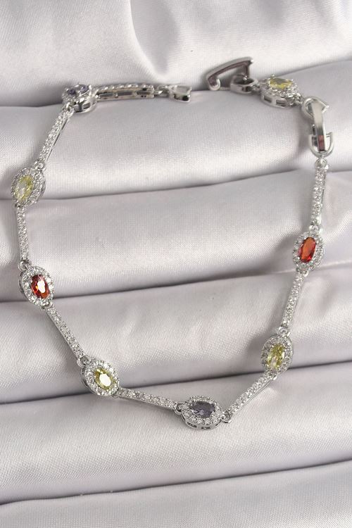 YRTCL Pirinç Gümüş Renk Renkli Zirkon Taşlı Damla Taş Model Kadın Bileklik