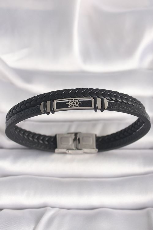 YRTCL 316L Çelik Gümüş Renk Gemi Dümeni Figür Siyah Burgu Deri Kordon Model Erkek Bileklik