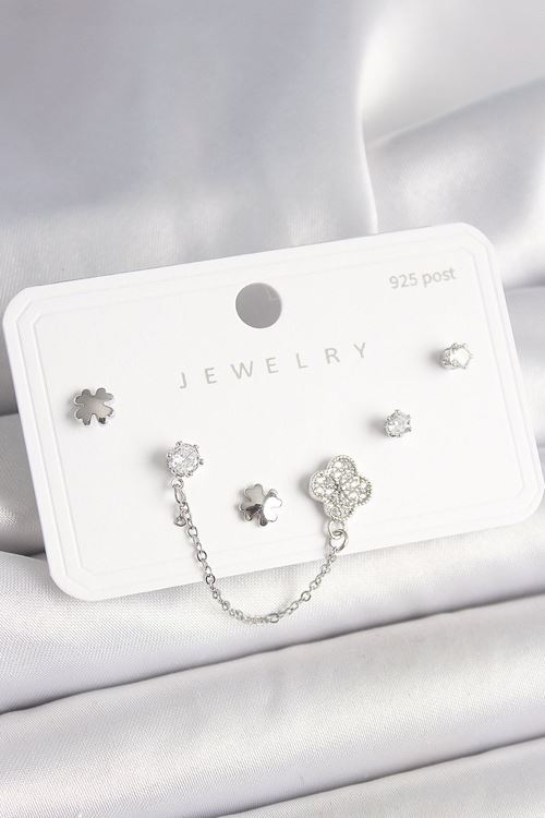 YRTCL 925 Ayar Gümüş Çivi Pirinç Gümüş Renk Zirkon Taşlı Yonca Model Sallantı Zincir Detay Kadın Küpe Seti