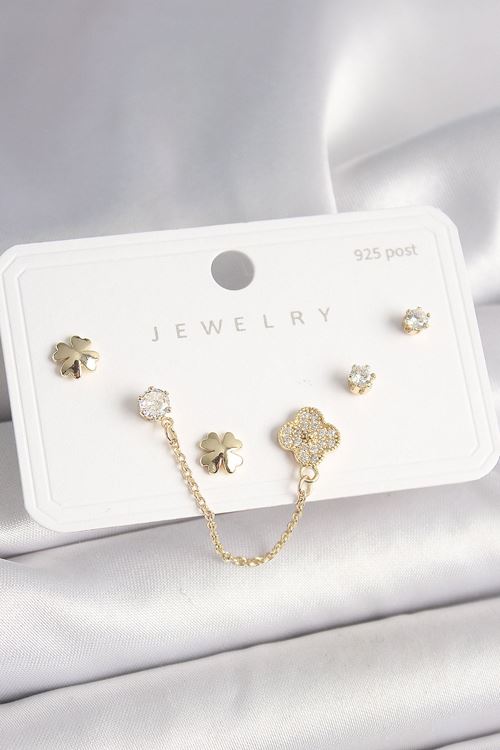 YRTCL 925 Ayar Gümüş Çivi Pirinç Gold Renk Zirkon Taşlı Yonca Model Sallantı Zincir Detay Kadın Küpe Seti